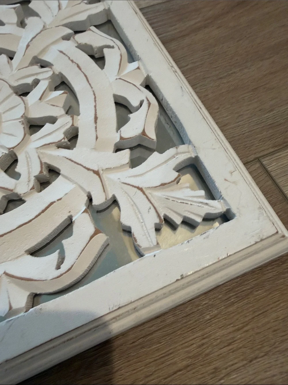 Decorative Carved Floral Rustic Boho Wall Plaques - White. Set of 3. Mirrored.